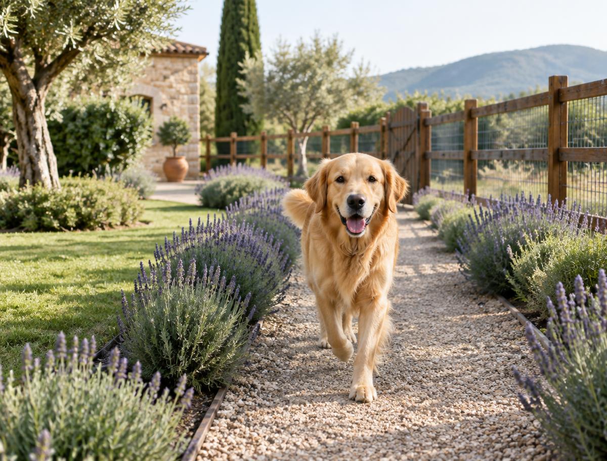 Camino de gravilla entre lavandas en el jardín de la residencia, con un golden retriever paseando